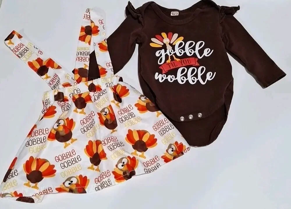 Thanksgiving Outfit Bodysuit and Skirt 6-9m Baby Girl Gobble Til You Wobble